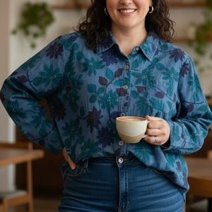 Coldwater Creek Blue Floral Print Blouse Cottagecore Y2K Denim Look Shirt Boho